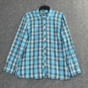 Tablots Blue Metallic Plaid Long Sleeve Button Front Top Women XL Lightweight